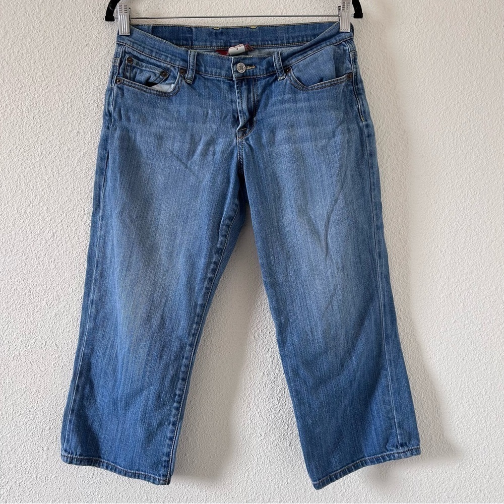 Lucky Brand Women’s Crop Jeans 6/28 Blue Stretchy Embroidered Back Pocket Peace